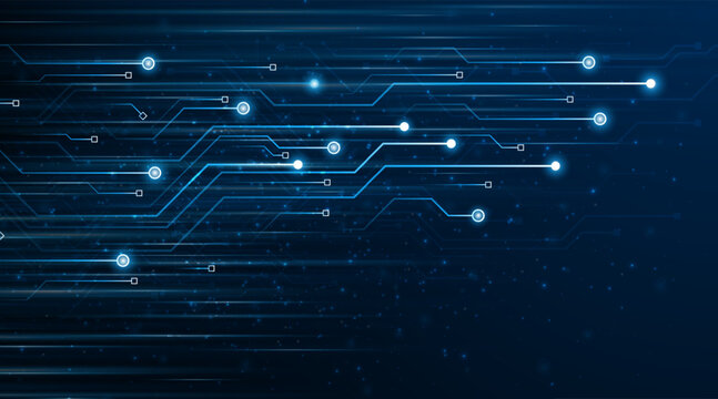 Blue glowing lines with light effect on dark background. High speed internet technology concept or fast wireless data transmission.