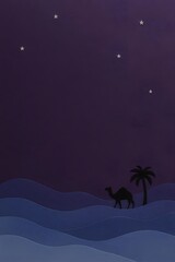 Fototapeta premium 3D Papercut Night Desert Background with Camel and Palm Tree
