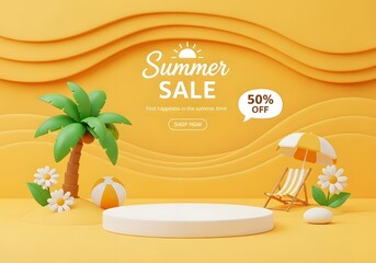 Fototapeta premium A vibrant summer sale advertisement with a beach theme and 50% off