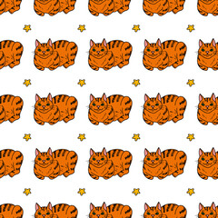 Seamless pattern with positive orange cats and yellow stars on white background.eps