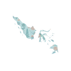 indonesia map silhouette with batik floral pattern and cultural landmarks isolated on transparent background