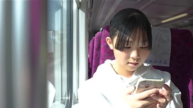 電車でスマホを見る10代の女性