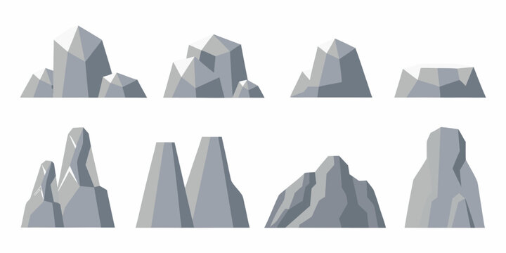 Stylized low poly grey rock formations and mountain shapes set