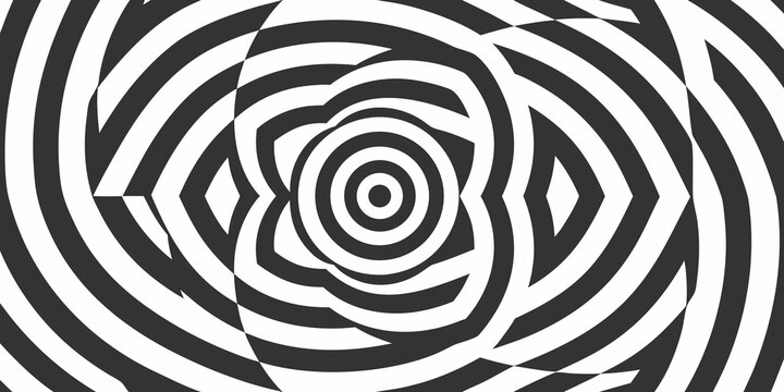 Optical illusion featuring concentric circles and swirling black and white patterns