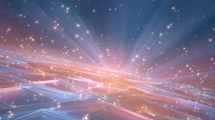 Obraz premium Digital Horizon: A captivating image depicts an abstract digital landscape of interconnected lines and particles, bathed in radiant beams of light.