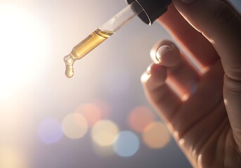 Close up of Hand Dispensing Golden Liquid from Glass Dropper