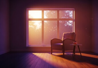 Serene Sunlight Streaming into an Empty Room with Cozy Armchair at Dusk