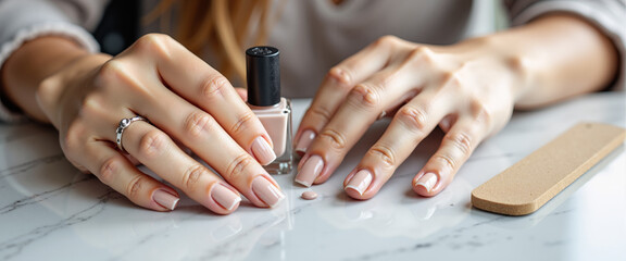 Fototapeta premium Woman applying nail polish to her broken nails on marble table 