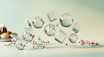 Clear geometric shapes and pink cherry blossoms floating