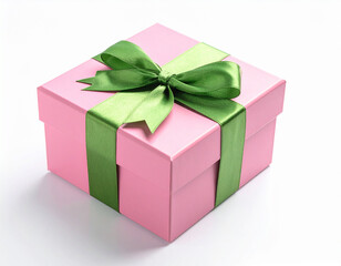 Obraz premium Rosa Geschenkbox mit grüner Schleife auf weißem Hintergrund