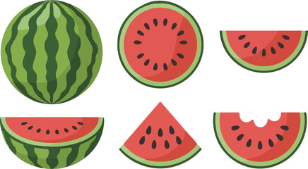 Watermelon summer fruit clipart set. Tropical fruit watermelon drawing in whole, slice and cut elements clip art collection vector illustration.