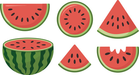 Watermelon summer fruit clipart set. Tropical fruit watermelon drawing in whole, slice and cut elements clip art collection vector illustration.