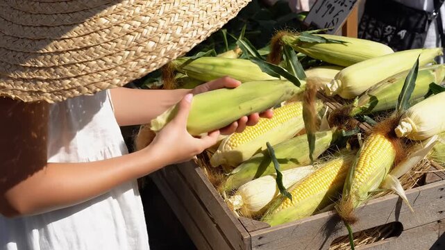 Woman in straw hat selecting fresh corn at an outdoor market stall