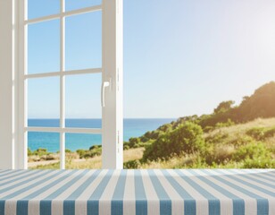 Fototapeta premium 美しい自然風景を眺めることのできるストライプ模様のクロスのかかったテーブル｜Table with a striped cloth overlooking a beautiful natural landscape 