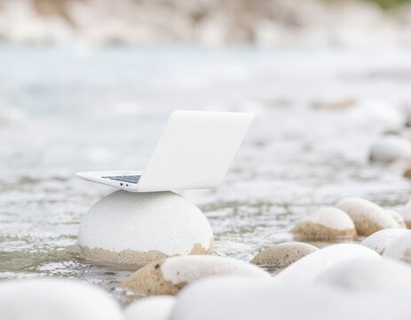 水辺の石とラップトップ、ノマド生活イメージ｜Laptop on riverside stones, nomadic work style
