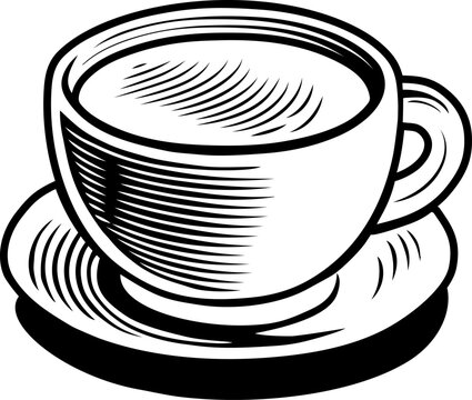 A vintage style illustration of a coffee cup in woodcut, etching, or engraving style without steam. This retro art deco design adds a timeless, classic touch, ideal for cafes and branding.