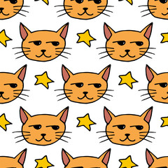 Seamless pattern with doodle orange cats and yellow stars on white background.eps