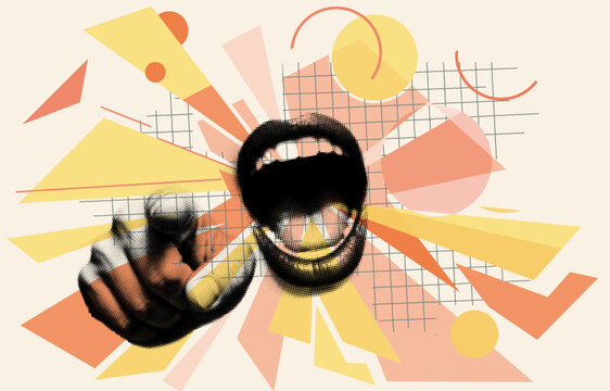 Abstract retro style illustration of a halftone mouth and pointing hand surrounded by dynamic geometric shapes and rays. Symbolizes communication, impactful visual messaging or information concepts