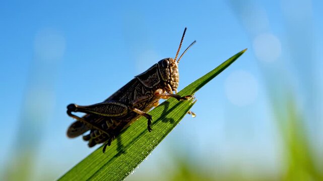 Grasshopper on grass blade. A close-up of a grasshopper perched delicately on the tip of a tall grass blade, set against a clear sky background.