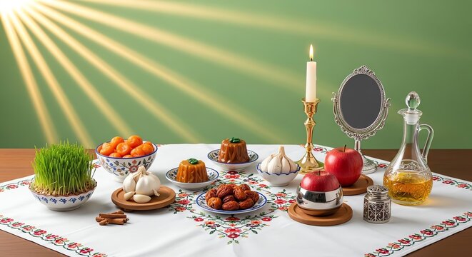 Haft- Seen table with wheatgrass apple candle mirror and oil