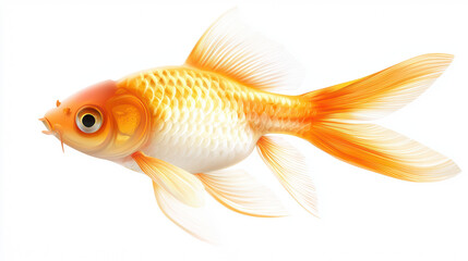 A beautiful and bright orange goldfish swims gracefully in clear water with its delicate fins and scales shimme under the light against a clean white backdrop.