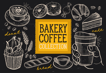 Bakery coffee collection with hand drawn pastries desserts and hot drinks on blackboard