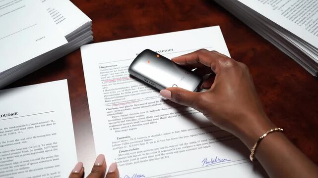 Woman scanning document with portable scanner, close-up on hands and paper