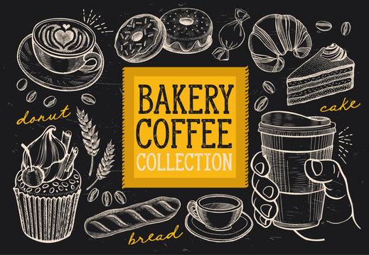 Bakery coffee collection with hand drawn pastries desserts and hot drinks on blackboard