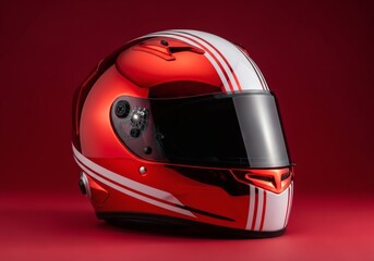 Fototapeta premium Modern Chrome Red Racing Helmet with White Stripes – Studio Product Shot