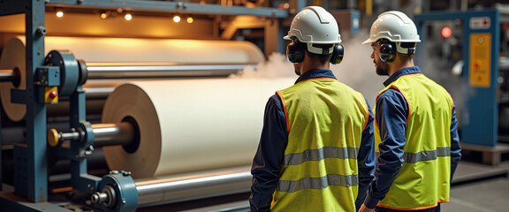 Two paper mill workers observing production process in factory  