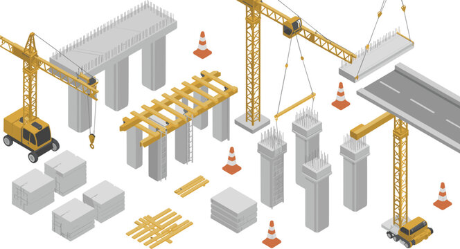 Isometric construction site, bridge building process with cranes, concrete pillars, road segments and safety cones illustration