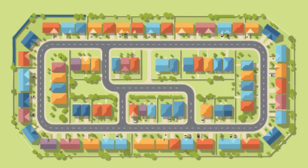 Colorful neighborhood map with houses and roads