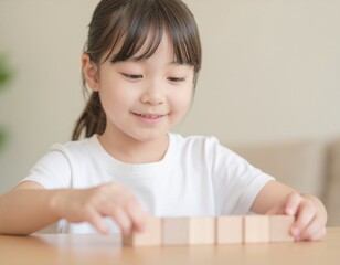 Naklejka premium 木のおもちゃで遊ぶ子供 Child playing with wooden toys 