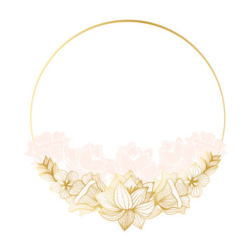 Round frame with golden flowers, lotus, rose on a transparent background. Linear flowers Hand-drawn. Created for backgrounds, greetings, social media, postcards, etc.