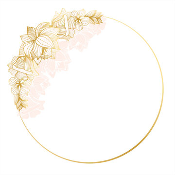 Round frame with golden flowers, lotus, rose on a transparent background. Linear flowers Hand-drawn. Created for backgrounds, greetings, social media, postcards, etc.