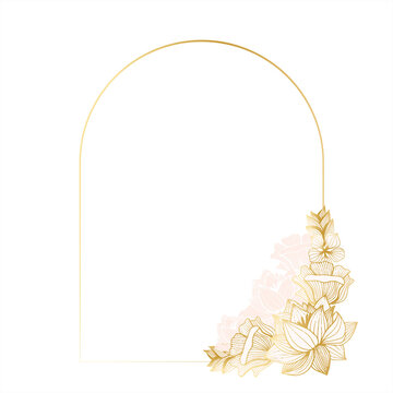 Golden vintage arch frame for greetings, background, floral wreath, delicate monogram with hand-drawn roses and lotus.