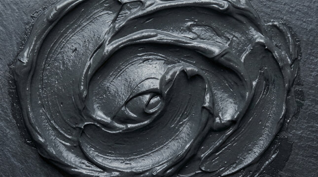 op view macro texture of wet black charcoal cosmetic clay mask. Swirled glossy pattern. Detox and skincare background. Generative AI.