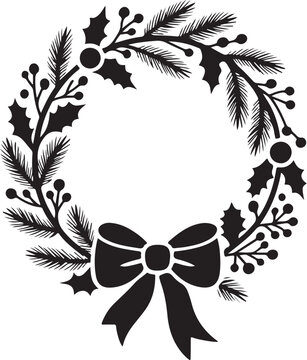Black silhouette Christmas wreath with bow black and white