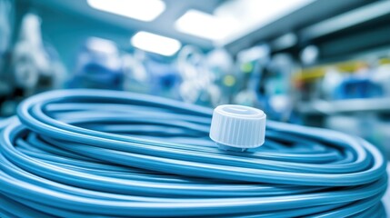 Close up of sterile blue medical tubing with a white end cap in a modern healthcare facility