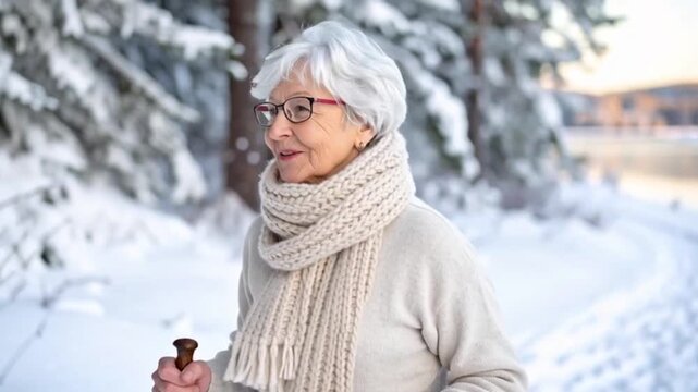 Seniorin wandert durch den Schnee