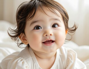Fototapeta premium 笑顔で上を見上げる可愛い赤ちゃん、ふわふわの布に包まれたやさしい表情、明るく柔らかな光に満ちたミニマルな構図、高解像度、幸福感のある空気感、広いコピースペース Cute baby smiling and looking upward, wrapped in fluffy fabric, bright and soft light, minimal composition, high resol