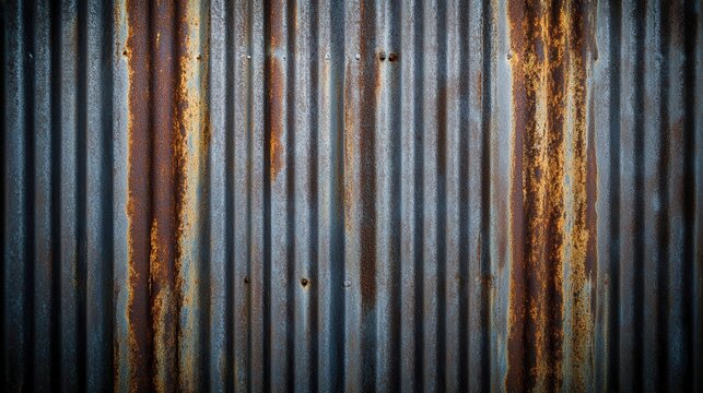 Close up of weathered corrugated metal sheets with prominent rust and textured surface