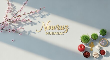 Nowruz Mubarak golden text with spring blossoms and Haft- Seen