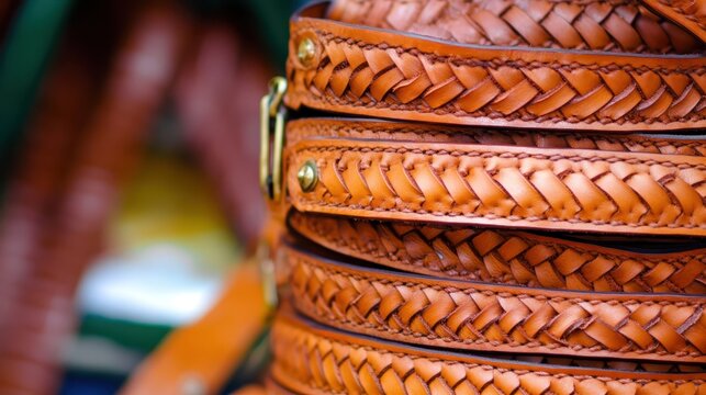 Close up on stacked woven tan leather straps with braided detail and gold metal hardware showcasing rich texture and craftsmanship