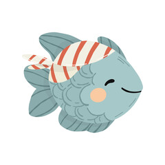 Cute cartoon blue fish character wearing a black pirate hat. Isolated vector illustration of a friendly tropical tang fish for kids' stickers, nursery decor, and marine adventure designs.