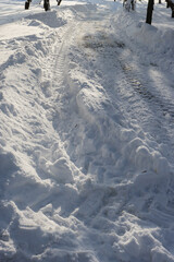 Fototapeta premium Vertical photo of a snow-covered road in a forest.