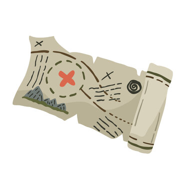 Old paper scroll pirate treasure map with "X" mark. Isolated adventure clipart for scavenger hunts and game assets.