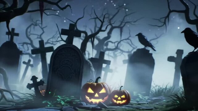 Spooky graveyard scene with pumpkins and foggy atmosphere