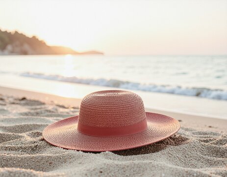 水平線と美しい夕暮れ時の海と空、そしてシンプルに置かれた麦わら帽子がつくる幻想的でミニマルな風景、高解像度、柔らかな光、広いコピースペース  
Minimal and dreamy scene with a straw hat placed before the sea, horizon, and sunset sky, high resolution, soft light, ample cop