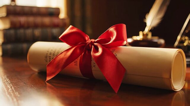 Diploma scroll with red ribbon on wooden desk in study  